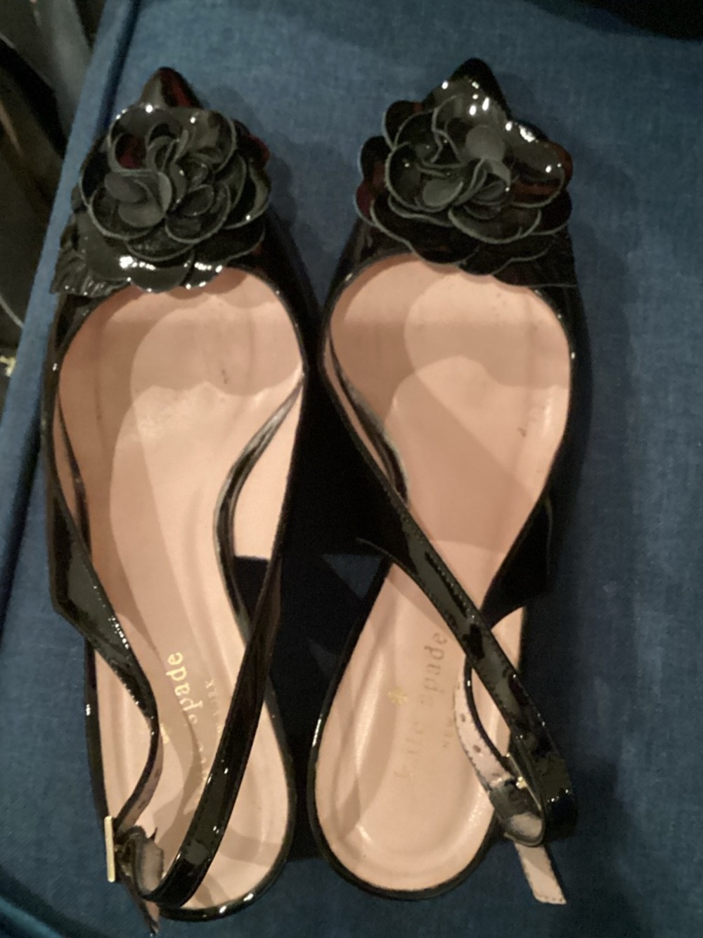 kate spade Black Patent Slingback Flats with Floral Appliqué